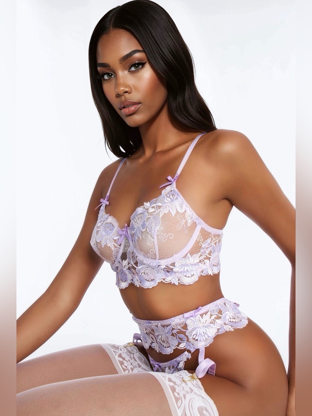 Fashion Nova Lavender Floral Lace Bra & Garter Set - Picture 2 of 5